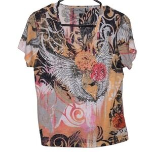 Coral Bay Women's Large Petite Orange Graphic Y2K Gem Stone Short Sleeve Tee